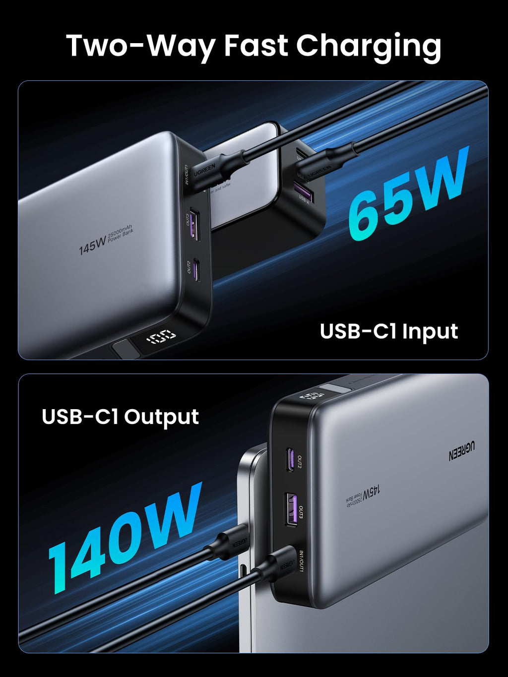 (Bundle) 145W Power Bank + 3.3FT 100W USB-C Cable 2 Pack