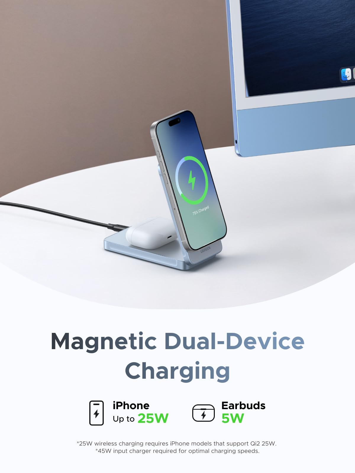 UGREEN MagFlow 2-in-1 Magnetic Wireless Charger 25W (MagSafe compatible)