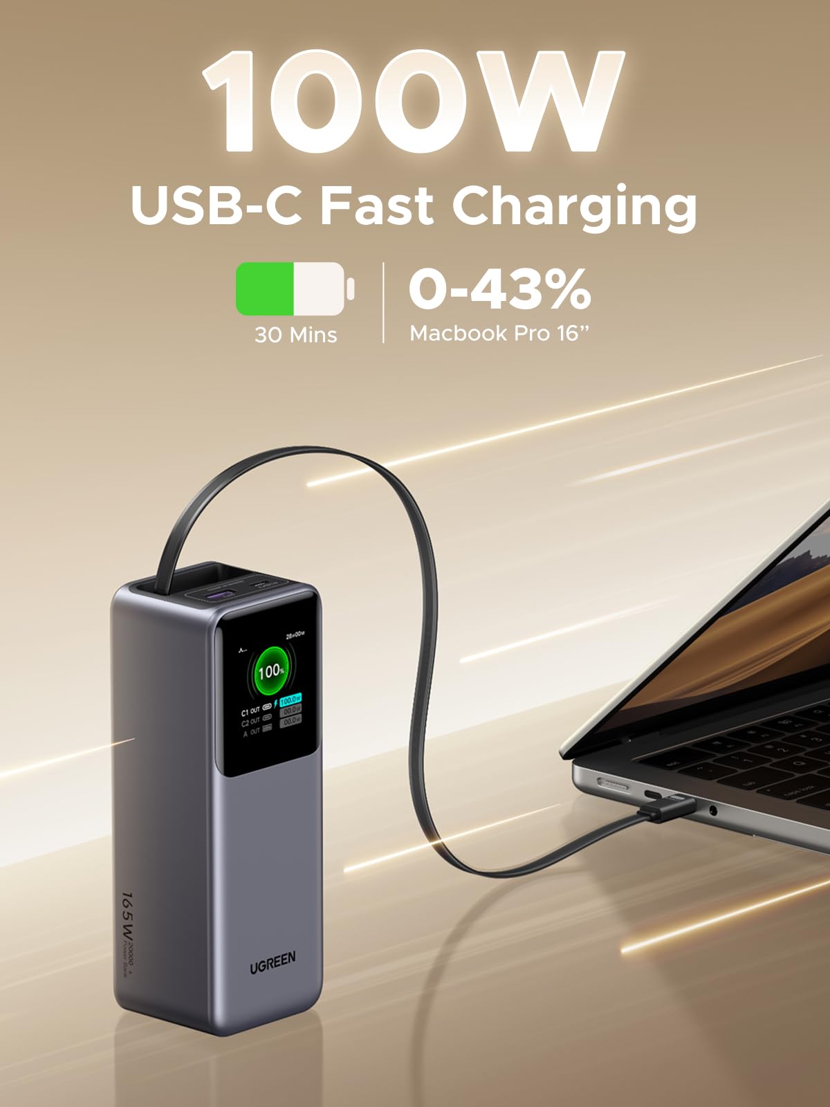 (Bundle) UGREEN Nexode 20000mAh 165W Power Bank + 100W Retractable USB-C Cable