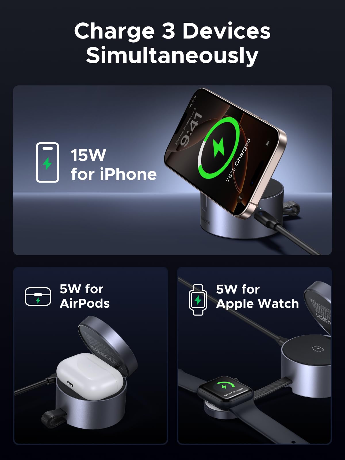 UGREEN UNO 3-in-1 Magnetic Wireless Charger 25W (MagSafe compatible)